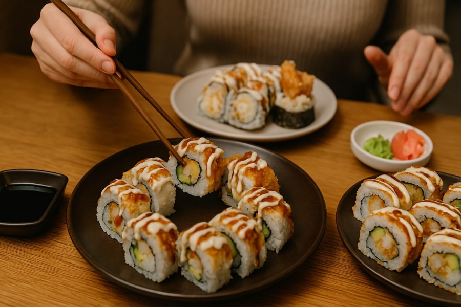 Sushi cuộn bắt mắt nhưng dễ khiến bạn ăn quá tay mà không hay.