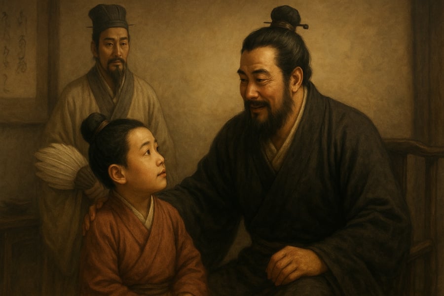 Lưu Bị dùng hành động làm gương, nuôi dưỡng đạo đức và nhân cách cho con.