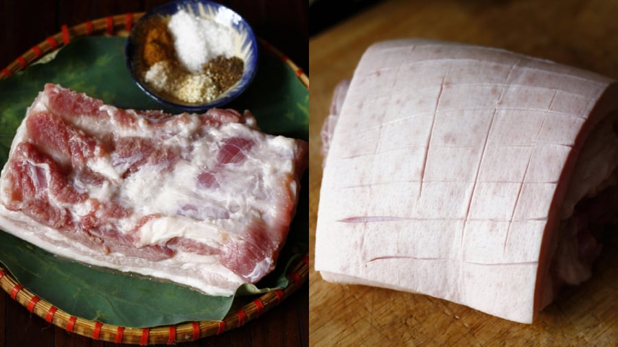 Với món thịt heo quay, bạn có thể chọn phần thịt ba chỉ.
