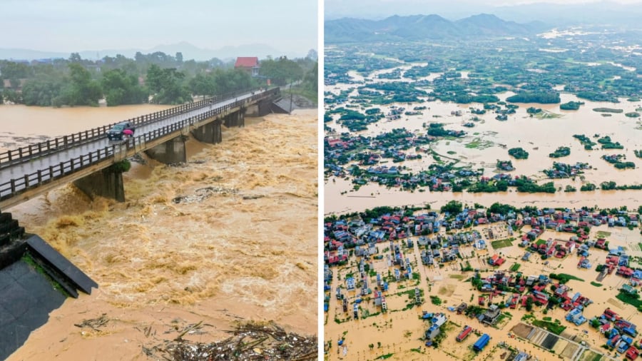 Nước lũ uồn cuộn đổ về đập Ba Đa, trung tâm Thái Nguyên ngày 7/10, nhiều khu vực ở Thái Nguyên chìm trong biển nước.