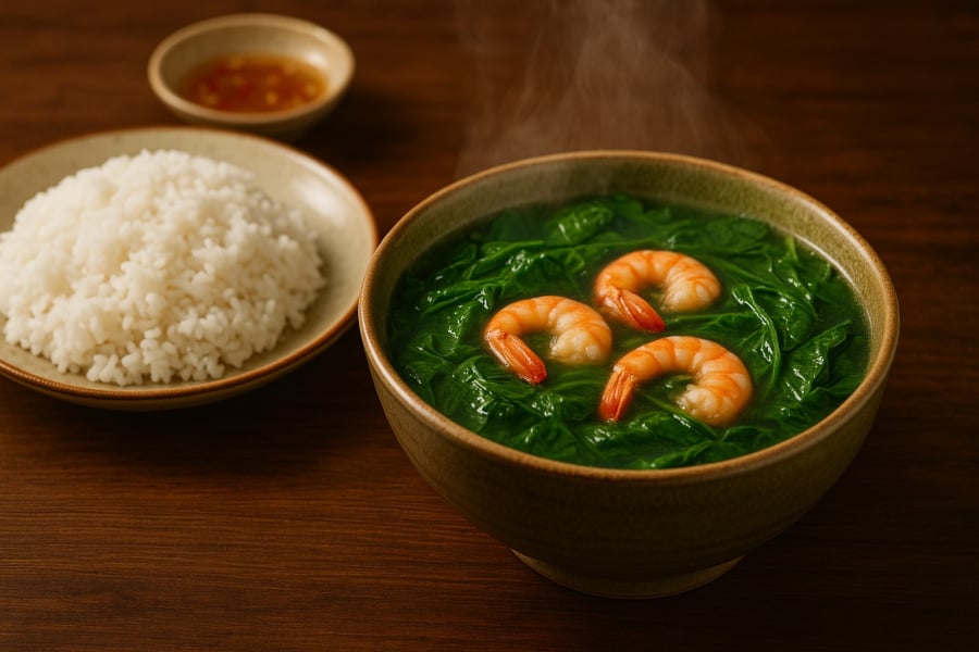 Canh mồng tơi nấu tôm – món ăn dân dã giúp bổ gan, chắc xương và làm đẹp da mỗi ngày.