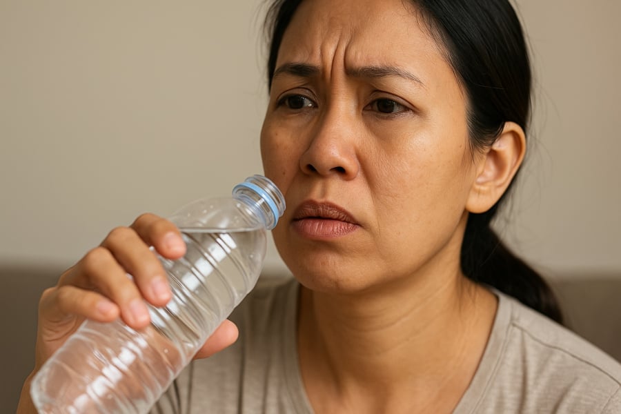 Uống nước liên tục vẫn thấy khát – dấu hiệu mất cân bằng dịch thể do gan suy giảm chức năng.
