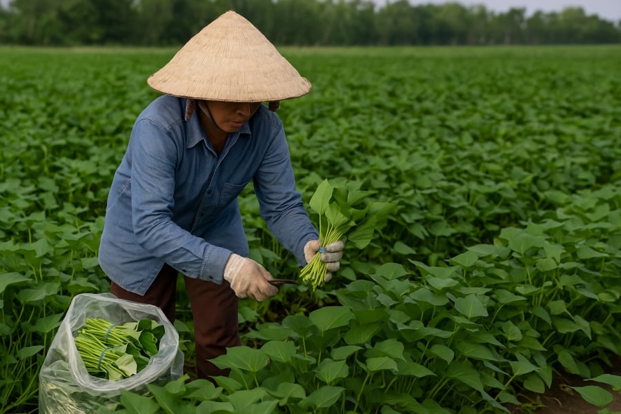 Người dân Đồng Tháp thu hoạch lá khoai lang tươi – loại rau từng bị bỏ đi nay trở thành sản phẩm xuất khẩu sang Nhật Bản, Hàn Quốc.