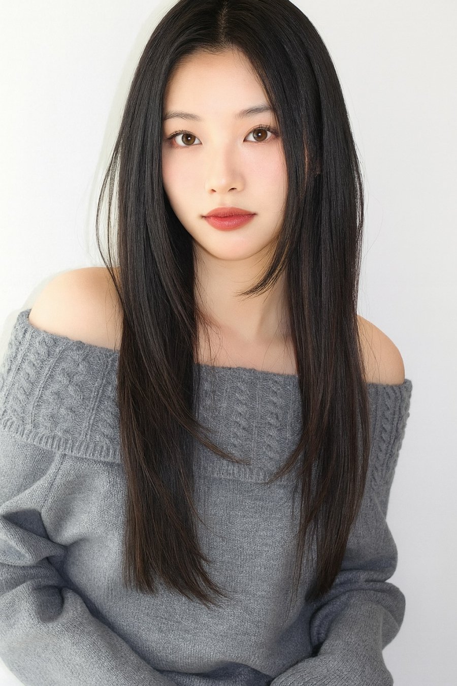 Mái tóc dài tỉa layer mỏng ôm lấy gương mặt, vừa dịu dàng vừa tôn trọn nét đẹp tự nhiên.