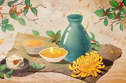 Hình ảnh rượu và hoa cúc vàng gắn với Tết Trùng cửu