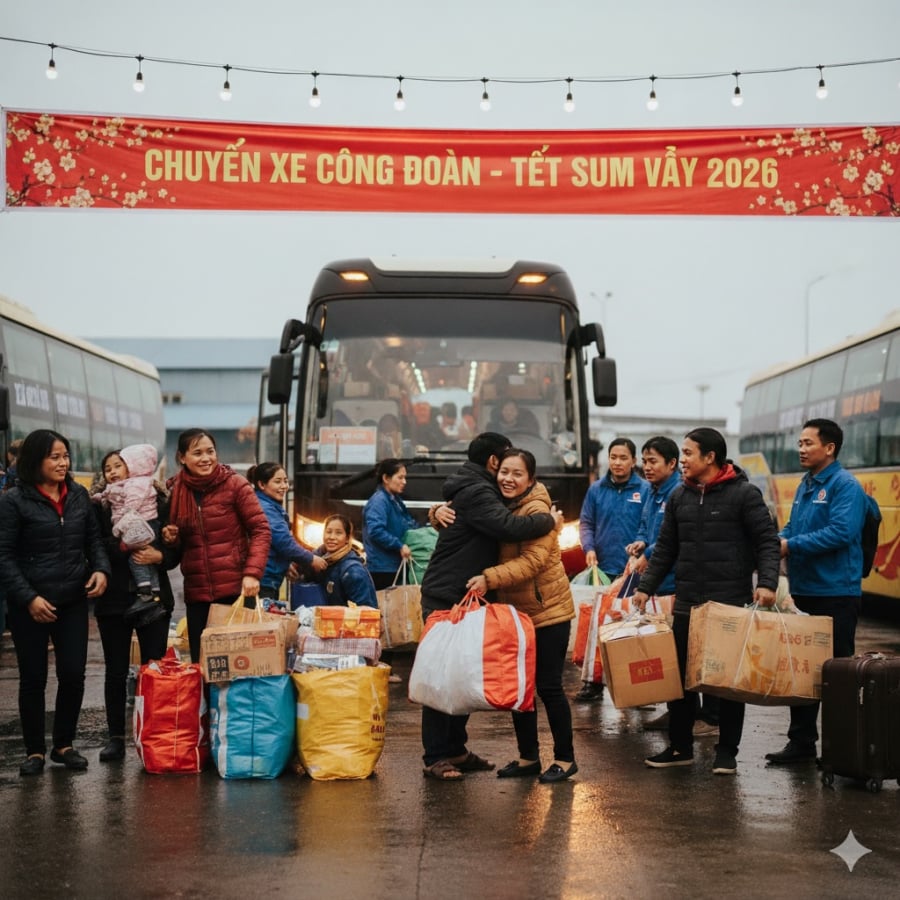 Chuyến xe công đoàn đưa người lao động về quê đón Tết Bính Ngọ 2026.