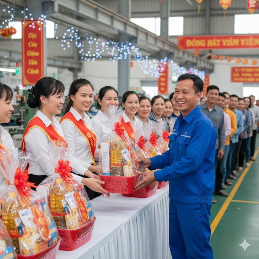 Công nhân phấn khởi nhận quà Tết 2026 do công đoàn trao tặng.