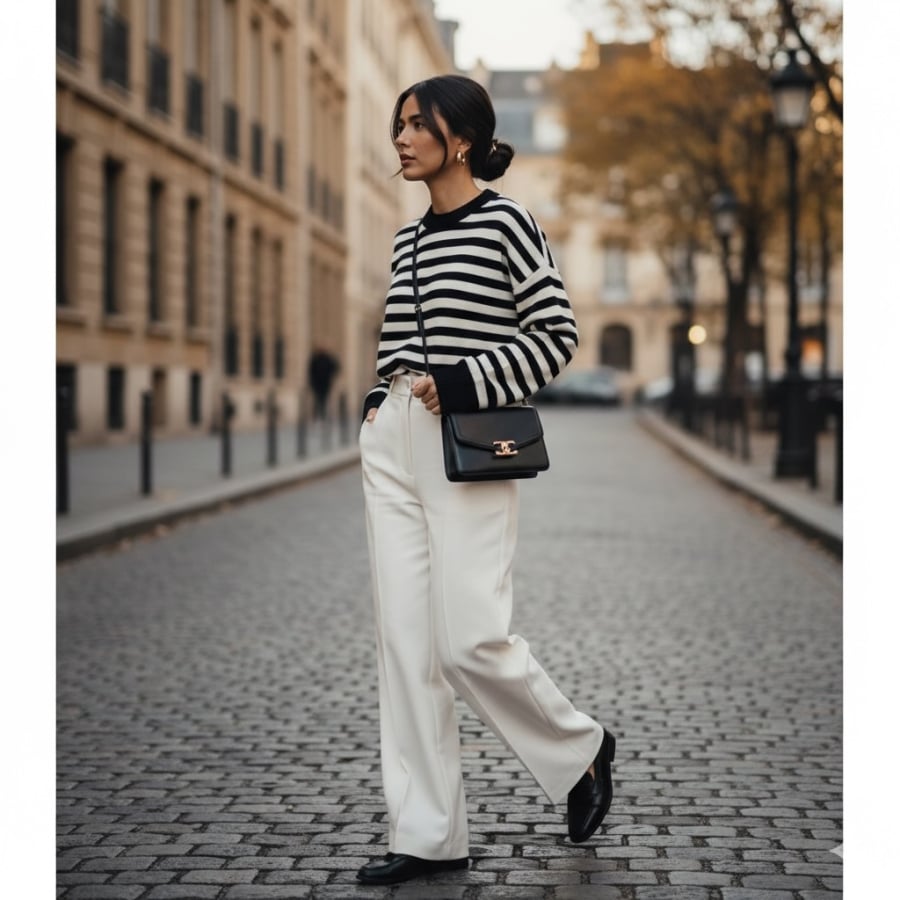 Áo len kẻ ngang trẻ trung, dễ phối cho cả đi làm và dạo phố.