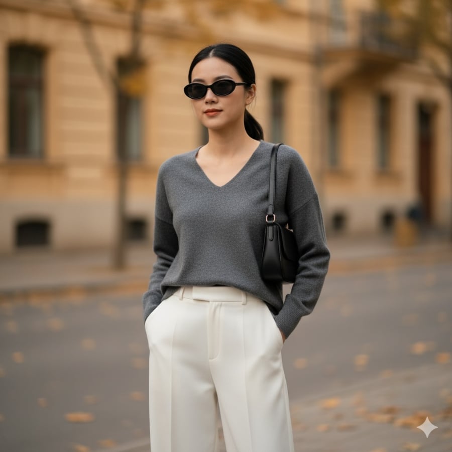 Áo len cổ tim xám phối quần trắng – outfit tối giản sang trọng cho mùa lạnh.