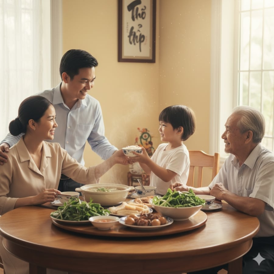 Bữa cơm gia đình – nơi con học được cách biết ơn, tôn trọng và yêu thương người thân.