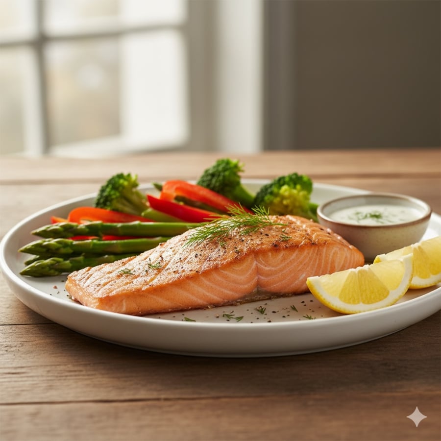 Cá hồi giàu Omega-3, giúp tăng cường trí não và bảo vệ tim mạch.