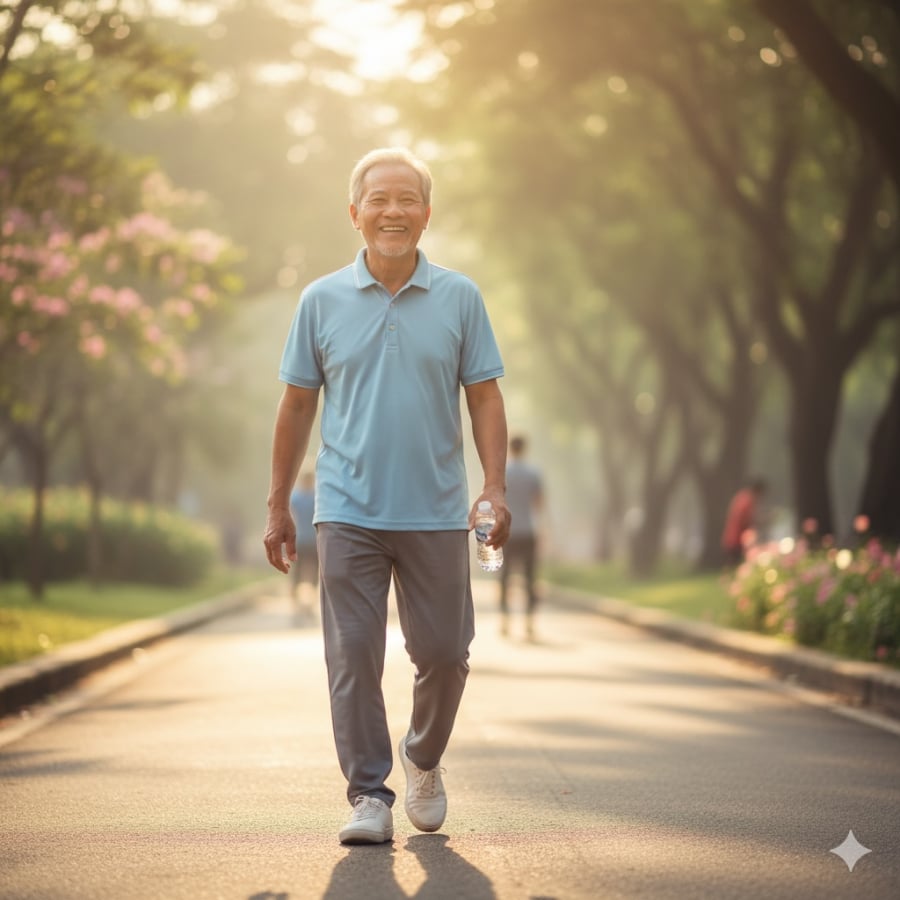 Phơi nắng sáng giúp người cao tuổi hấp thu vitamin D tự nhiên, tăng cường sức khỏe xương khớp.