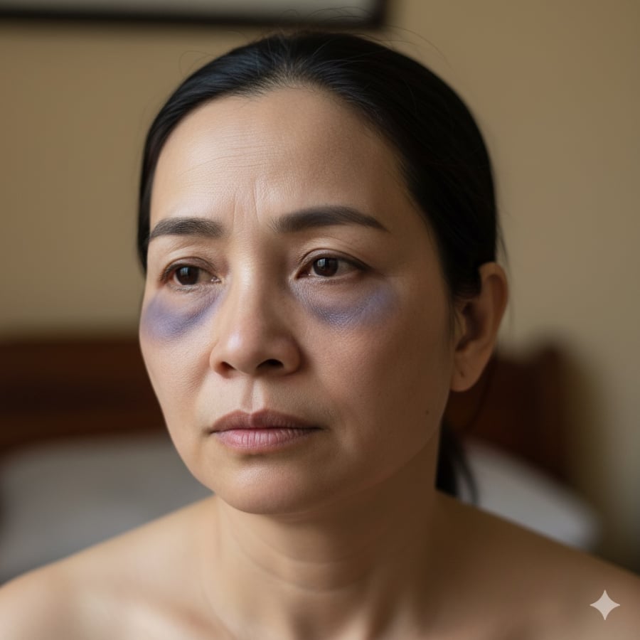 Quầng thâm và bọng mắt sậm màu là dấu hiệu sớm cảnh báo chức năng thận suy giảm.