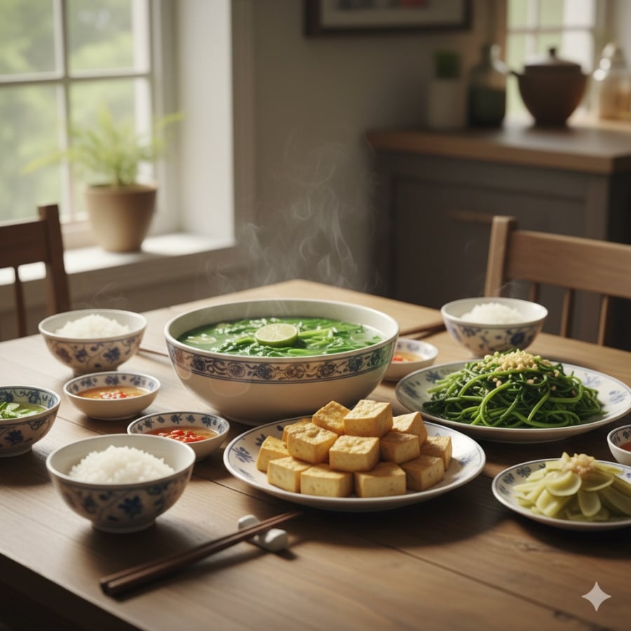 Bữa cơm đơn giản với rau xanh và đậu phụ – bí quyết giúp thận khỏe mỗi ngày.