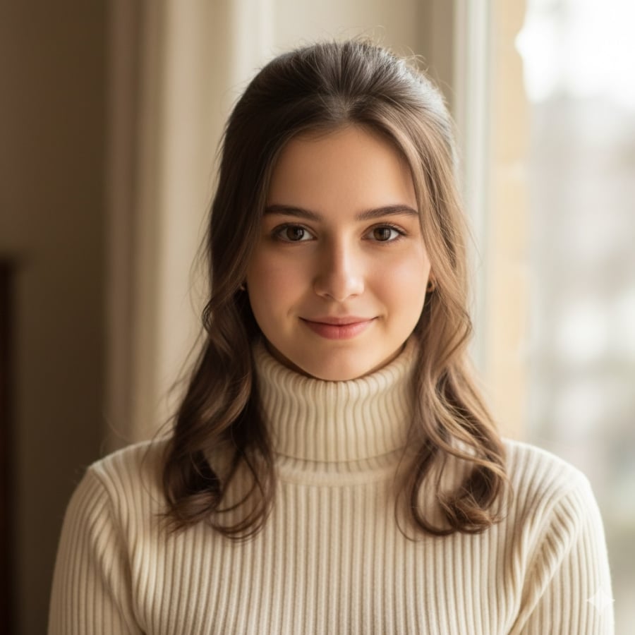 Tóc buộc nửa giúp gương mặt thêm thanh thoát, kết hợp hoàn hảo với áo len mùa đông.