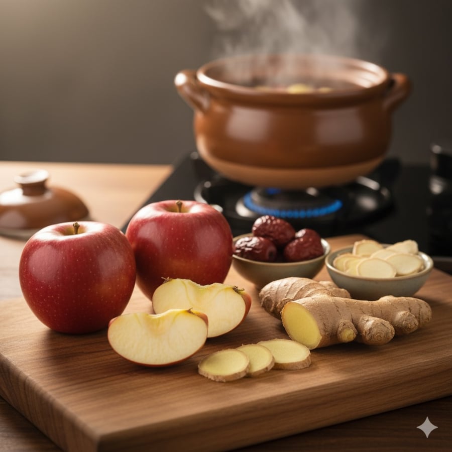 Chuẩn bị nguyên liệu đơn giản: Táo và Gừng kết hợp cùng táo đỏ, hoàng kỳ tạo nên công thức tăng cường sức đề kháng và thanh lọc cơ thể.
