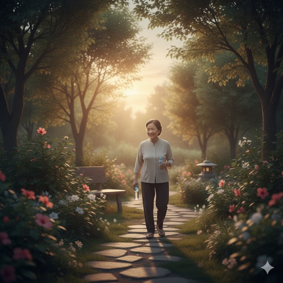 Đi bộ nhẹ 15 phút sau bữa tối giúp cải thiện tiêu hóa và ổn định đường huyết ở người cao tuổi.