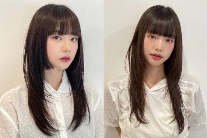 Với đặc trưng là phần tóc trước được cắt ngắn hơn và có mái bằng hoặc mái mưa, kiểu tóc này giúp “chia nhỏ” không gian gương mặt