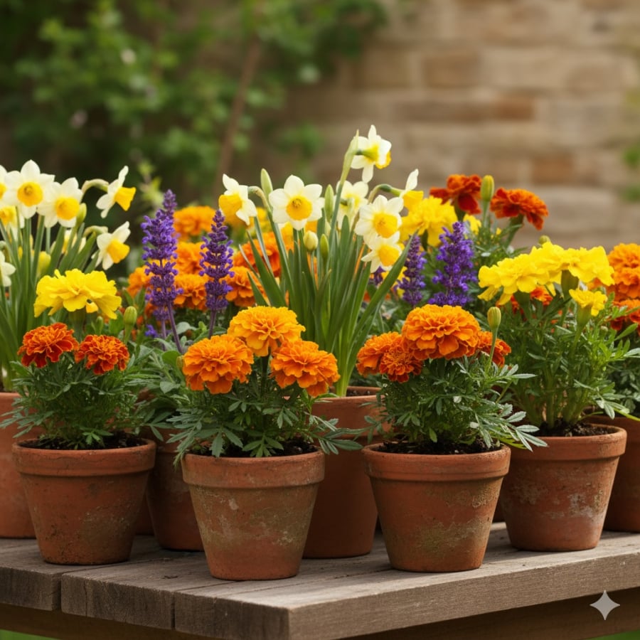 Cúc vạn thọ, thủy tiên và xô thơm vừa làm đẹp khu vườn, vừa tạo hàng rào sinh học chống chuột hiệu quả.