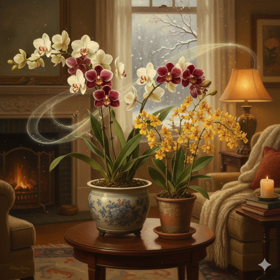 Chậu lan mặc xuân và lan vũ nữ ngàn sao – Hương thơm mùa đông, thu hút tài lộc và may mắn cho gia đình.