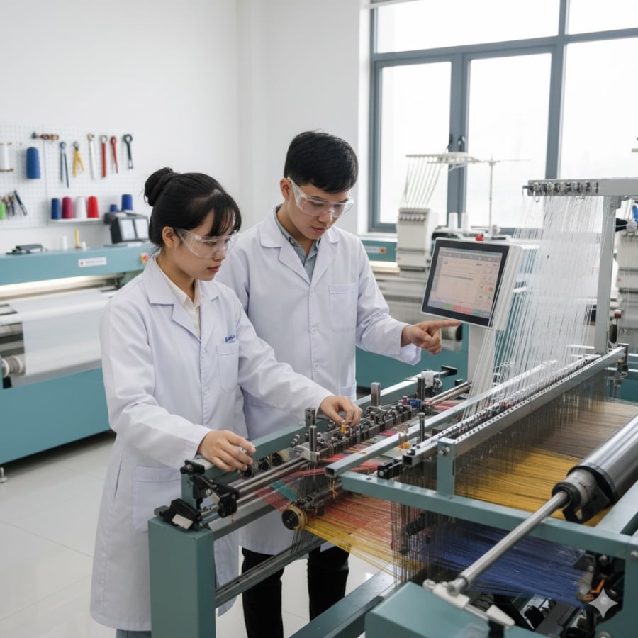 Sinh viên thực hành công nghệ dệt may trên thiết bị chuyên dụng.