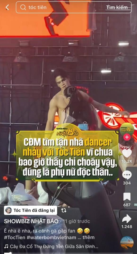 Một video ghi lại khoảnh khắc biểu diễn của Tóc Tiên được đăng tải trên TikTok với chú thích nhắc đến việc cô đang độc thân. Điều gây xôn xao hơn cả là nữ ca sĩ chủ động chia sẻ lại clip này lên trang cá nhân. 