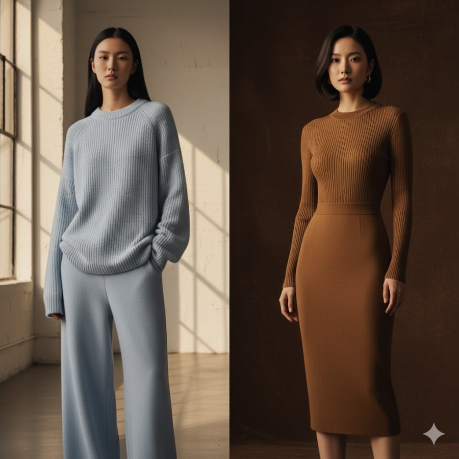 Áo len quá rộng làm phần thân trên trông cồng kềnh, áo len ôm vừa phải phối thắt lưng giúp tổng thể cân đối và tôn dáng.