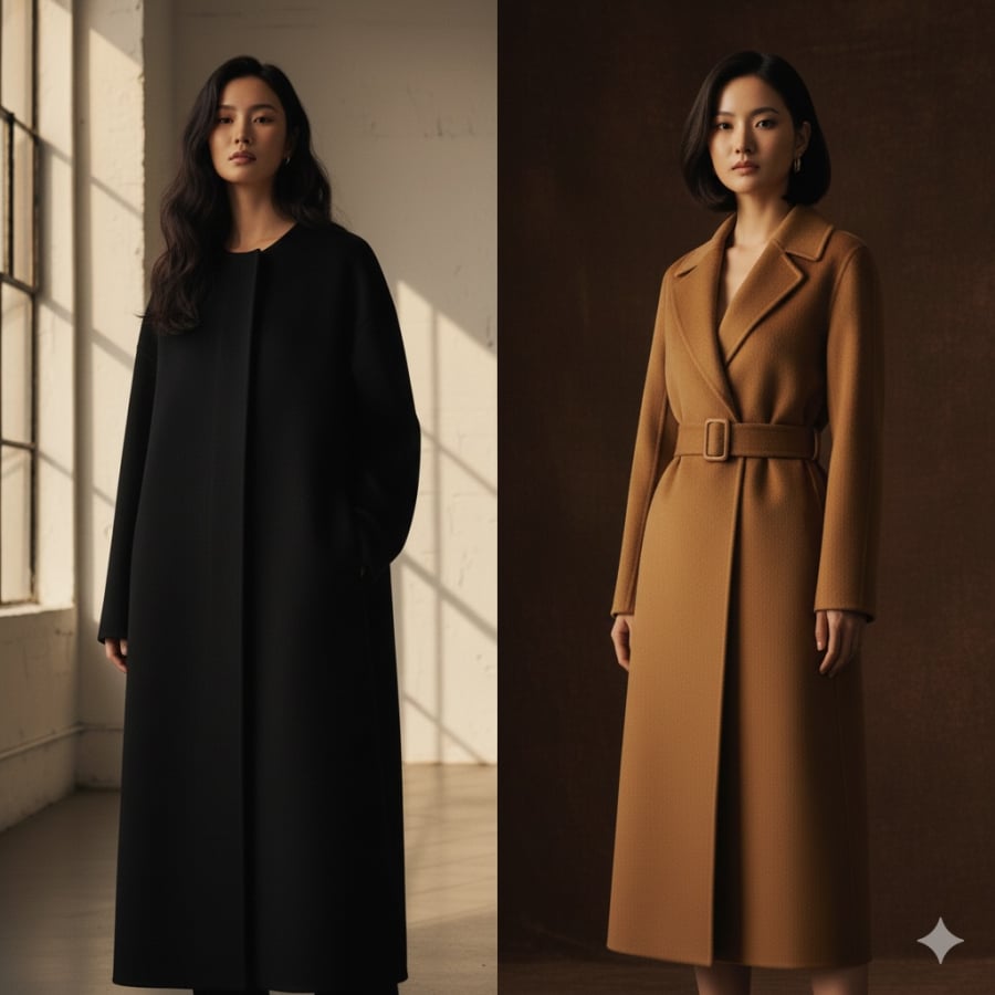 Áo khoác suông không nhấn eo dễ “nuốt” dáng, trong khi áo khoác có đai eo tạo điểm nhấn, kéo dài chiều cao và tăng vẻ thanh lịch.