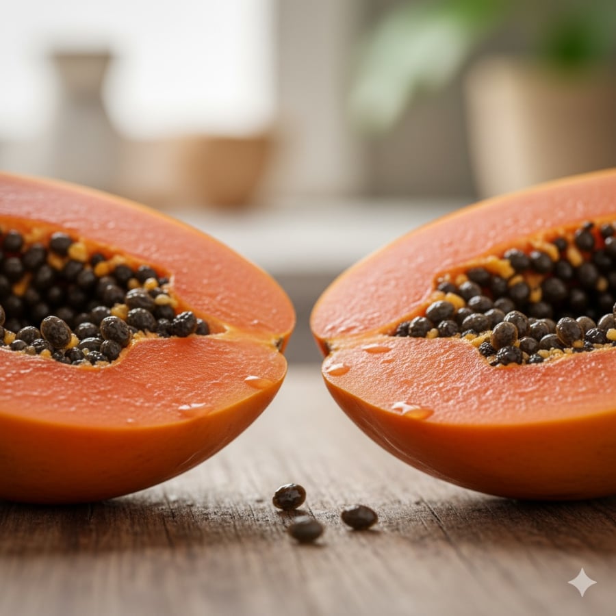 Đu đủ chín mềm mịn, giàu vitamin và enzyme papain hỗ trợ tiêu hóa.