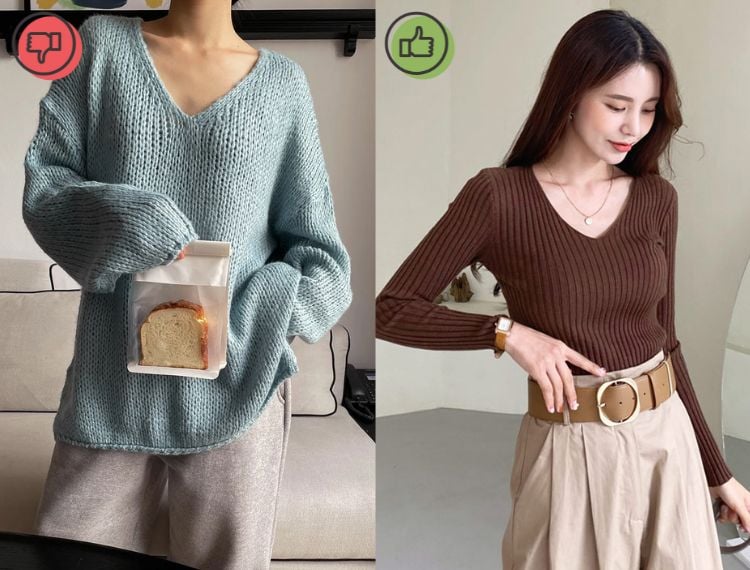 Giải pháp hợp lý là chọn áo len có độ rộng vừa phải và chiều dài dừng ở hông để tạo tỷ lệ cơ thể cân đối hơn. 