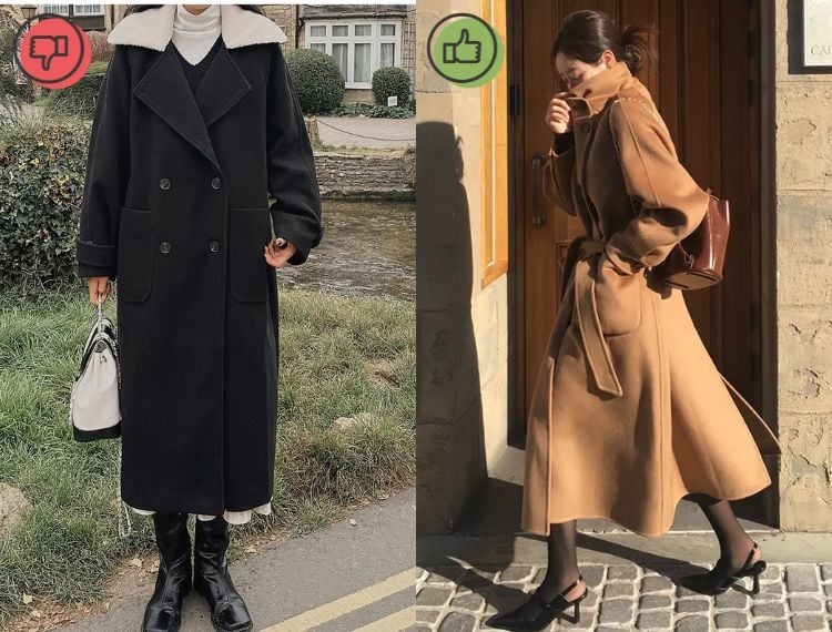 Khi thiếu điểm nhấn tại eo, phần khoác sẽ tạo cảm giác thân hình như một khối, khiến người mặc trông thấp 