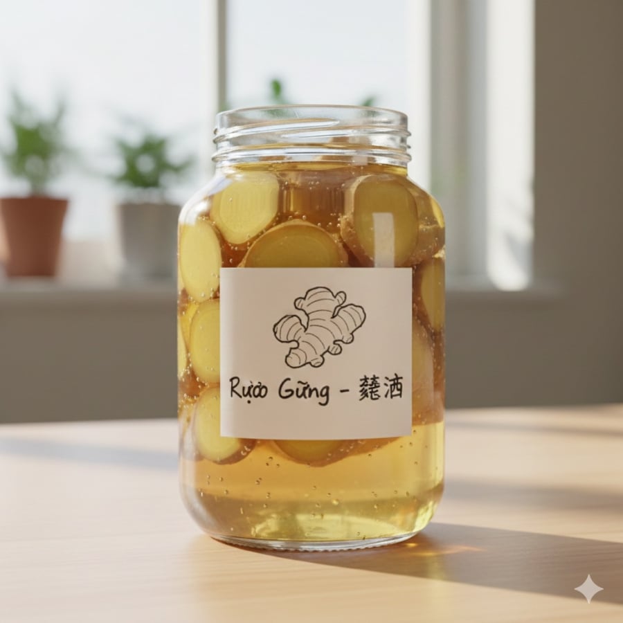 Hũ rượu gừng ngâm đúng chuẩn với gừng già thái lát và rượu trắng 40–45 độ.