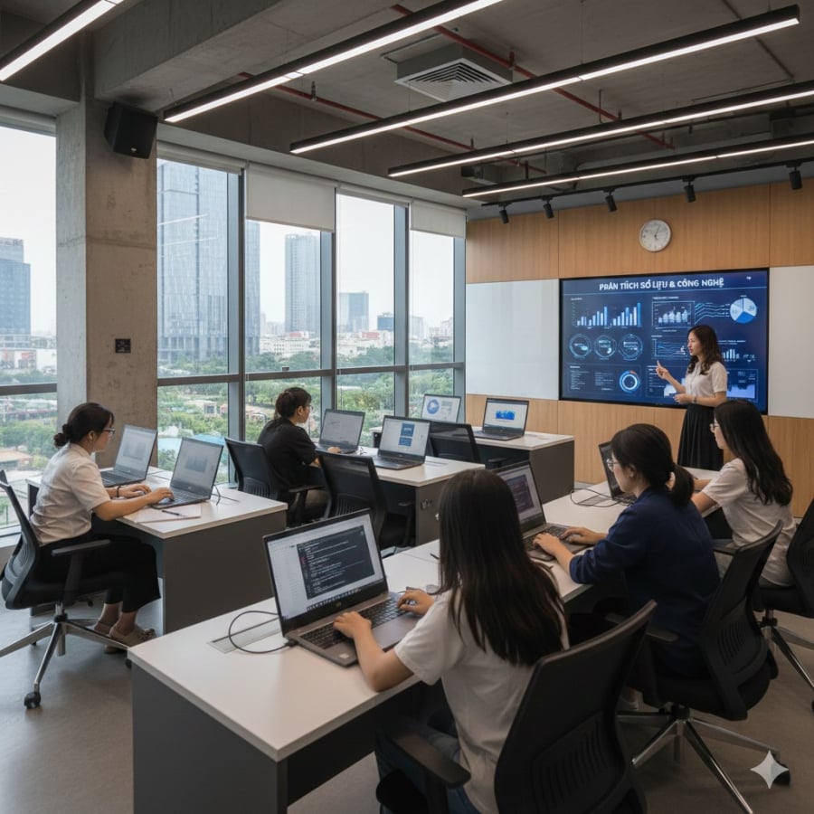 Sinh viên các ngành quản trị chất lượng, kinh doanh quốc tế và digital marketing được đào tạo trong môi trường số hóa.