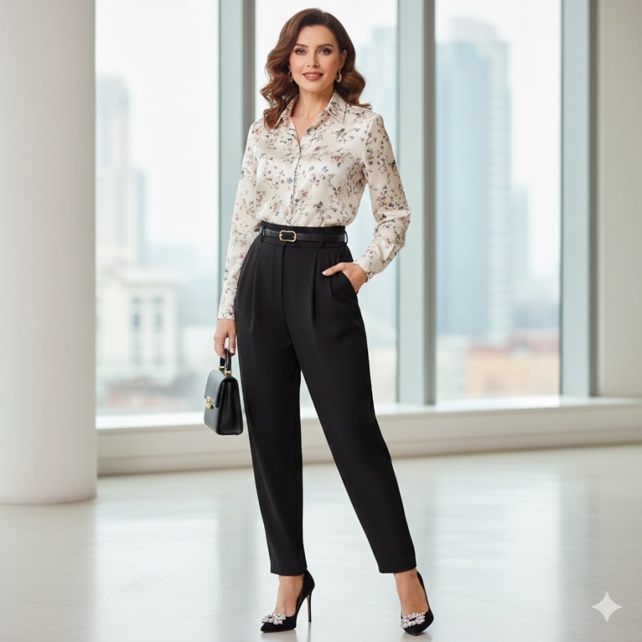 Điểm nhấn tinh tế từ họa tiết và phụ kiện giúp set đồ thêm cuốn hút.