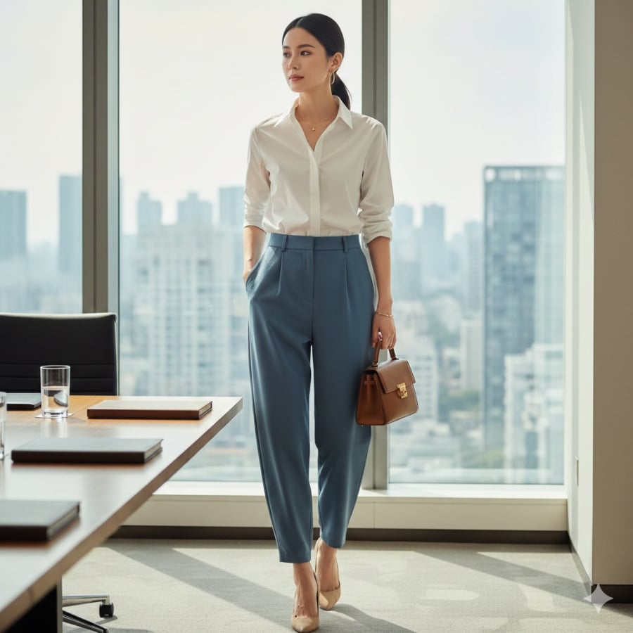 Phong cách công sở chuẩn chỉnh với sơ mi trắng và quần baggy tông trung tính.