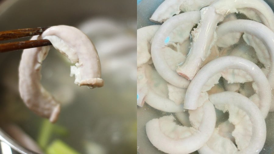 Bạn nên ngâm lòng lợn luộc trong nước đá lạnh để lòng được giòn hơn.