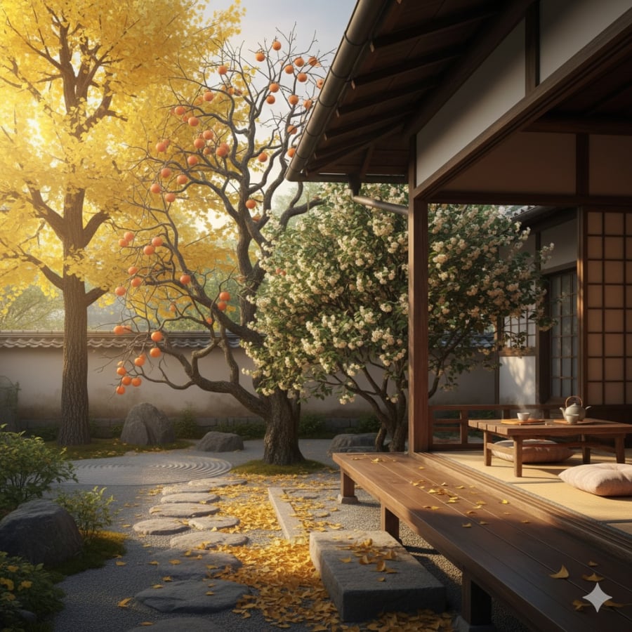 Cây mộc hương, hồng và bạch quả tượng trưng cho may mắn, trường thọ và thịnh vượng bền vững cho gia đình.