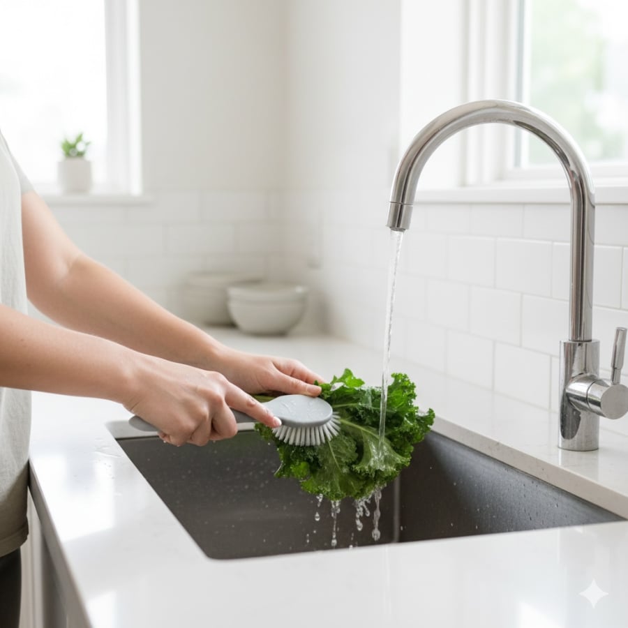 Rửa dưới vòi nước chảy giúp giảm đáng kể bụi bẩn và dư lượng hóa chất.