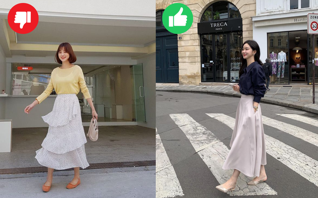 Chân váy ba tầng được xem là nữ tính nhưng lại là kiểu dáng dễ làm dáng người thấp đi do thân váy bị chia thành nhiều đoạn.