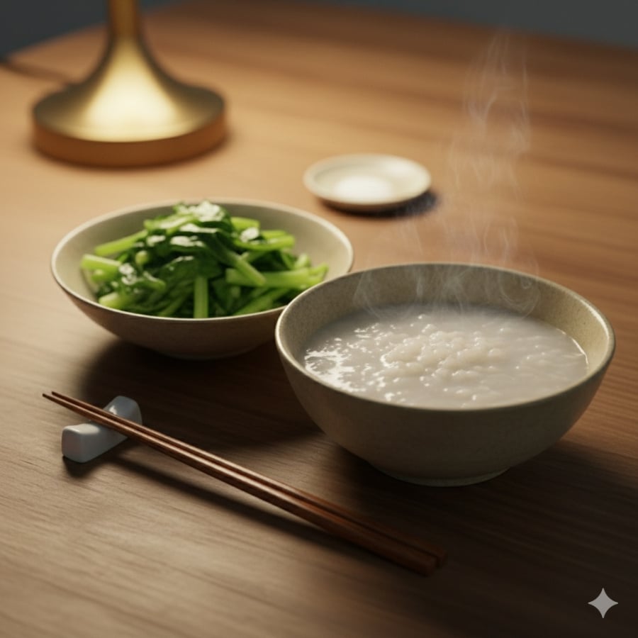 Trụng cải cúc ăn cùng cháo trắng – lựa chọn nhẹ nhàng giúp dễ tiêu và ngủ sâu hơn.