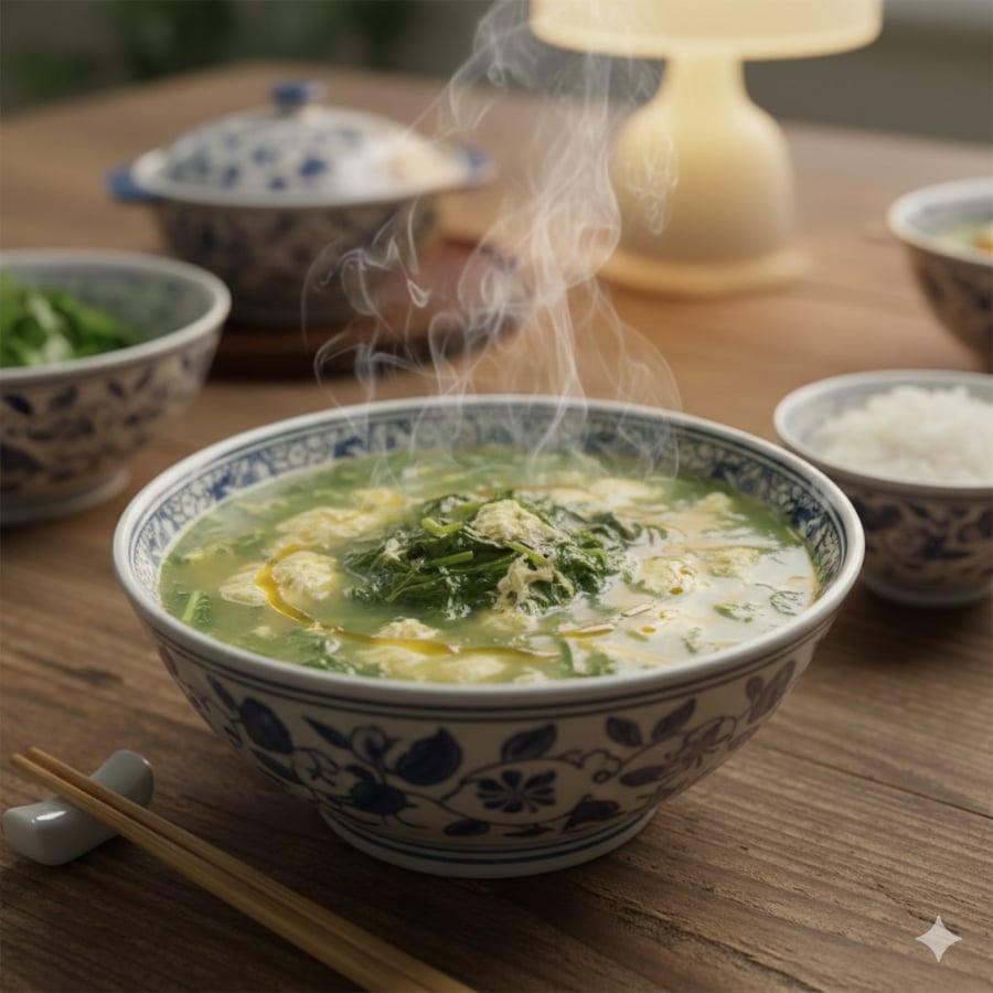 Canh cải cúc nấu trứng – món ăn thanh đạm giúp thư giãn tinh thần và cải thiện giấc ngủ.