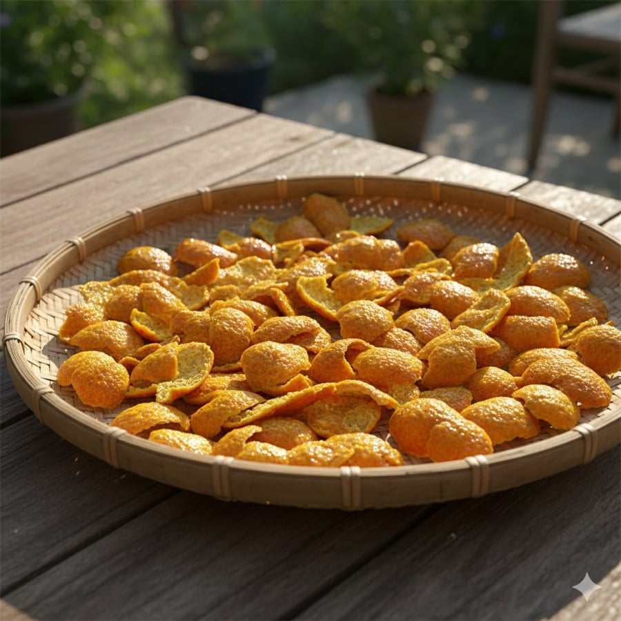 Vỏ quýt phơi khô – nguyên liệu dân gian được dùng để hãm trà hỗ trợ tiêu hóa.