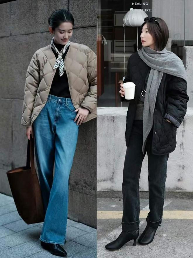 Khi phối cùng quần ống suông hoặc jeans đứng form, áo bông chần phát huy tối đa vẻ cân đối nhờ đường quần thẳng giúp đôi chân trông dài và thanh hơn.