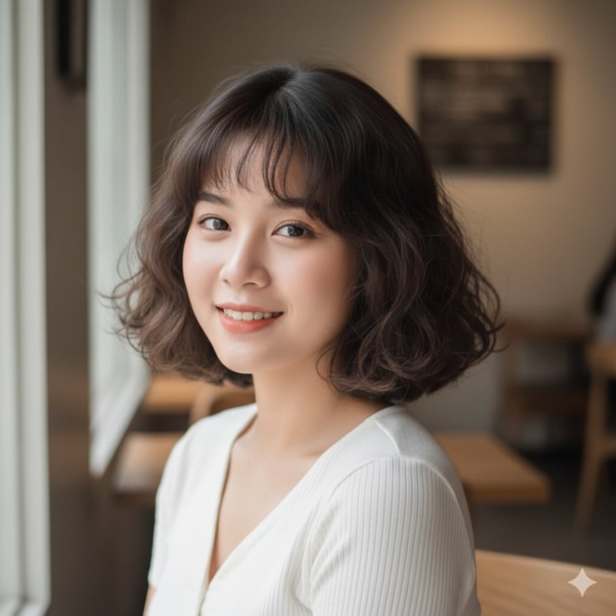 Tóc ngắn xoăn nhẹ bồng bềnh, phù hợp nàng bận rộn.