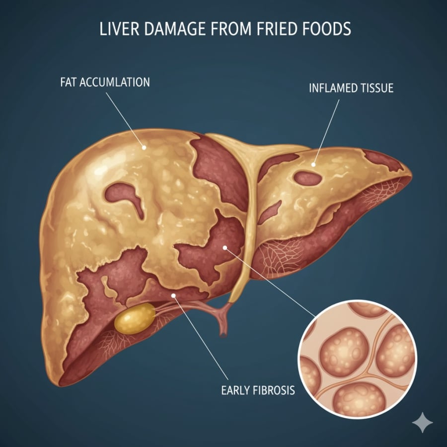 Gan dễ tổn thương và tích tụ độc tố chỉ sau vài tuần ăn đồ chiên thường xuyên.