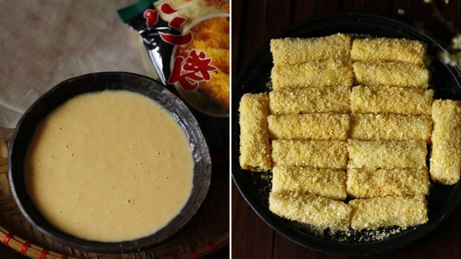 Nhúng từng cuốn nem qua bột nước rồi đến bột chiên xù.