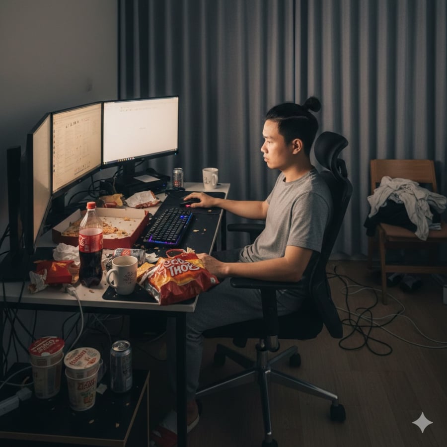 Ngồi lâu kết hợp chế độ ăn nhiều chất béo và đường làm tăng nguy cơ tắc nghẽn mạch máu.