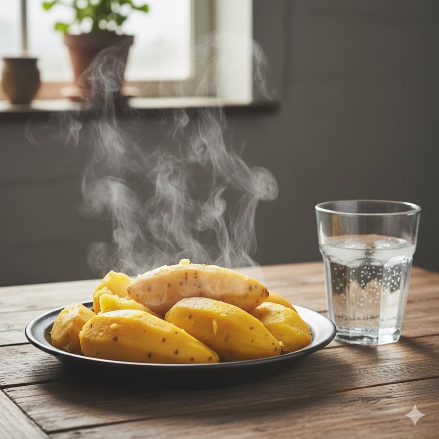 Khoai lang luộc giữ độ ẩm và dưỡng chất, tốt cho tiêu hóa và sức khỏe tổng thể.