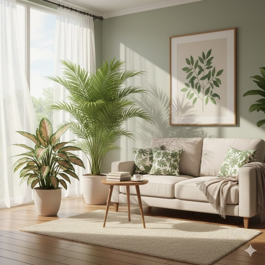 Cây phong thủy đặt tại phòng khách giúp tăng vượng khí, thu hút tài lộc và tạo không gian sống tươi mới.