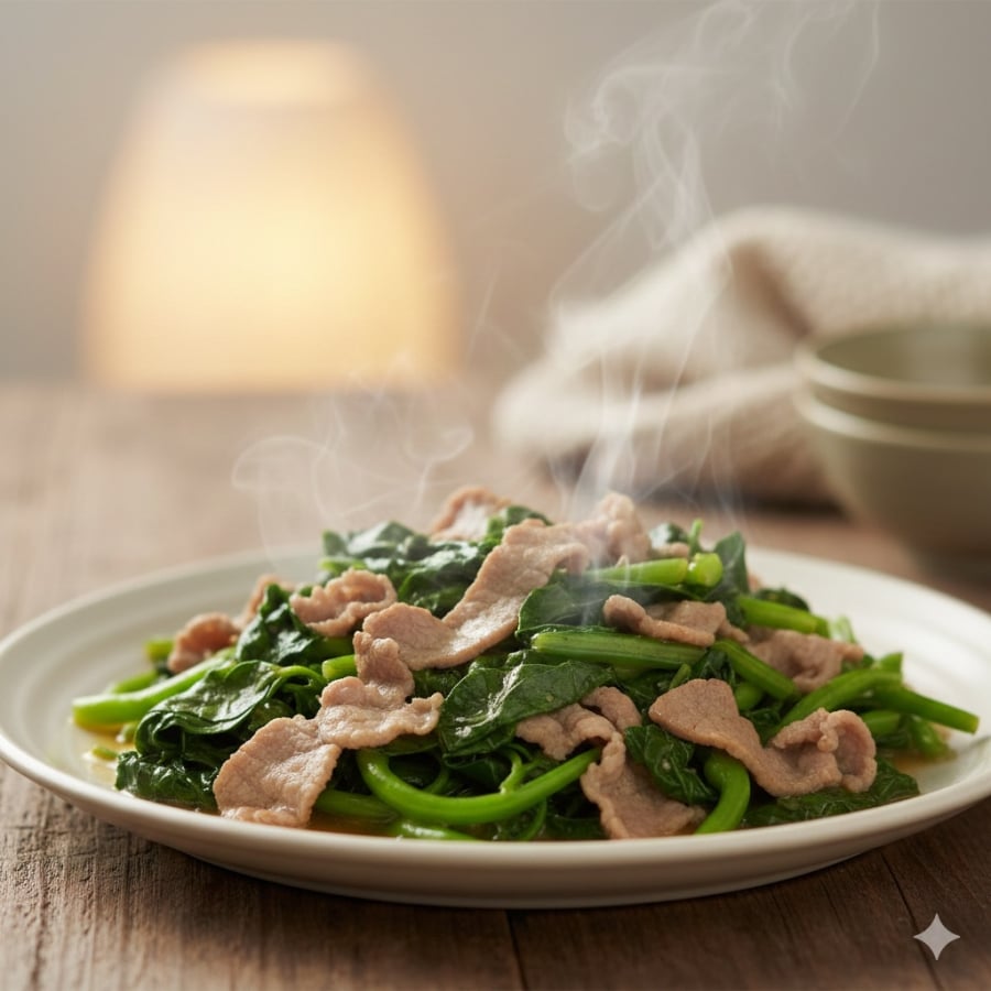 Món cải cúc xào thịt – đơn giản, ngon cơm và tốt cho gan, mắt.